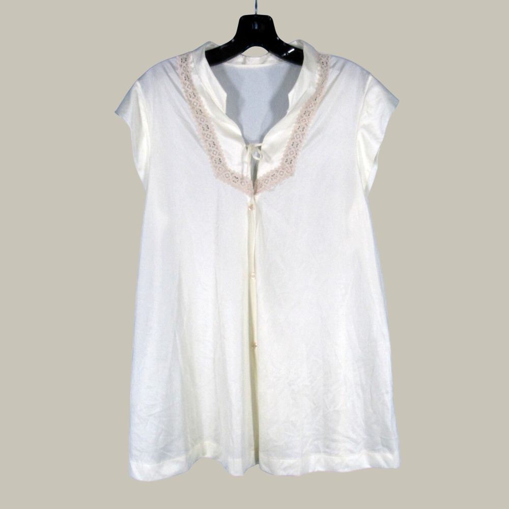 VTG GOSSARD ARTEMIS Silky NYLON Ivory LACE DETAIL Button LOUNGE BABYDOLL ROBE L